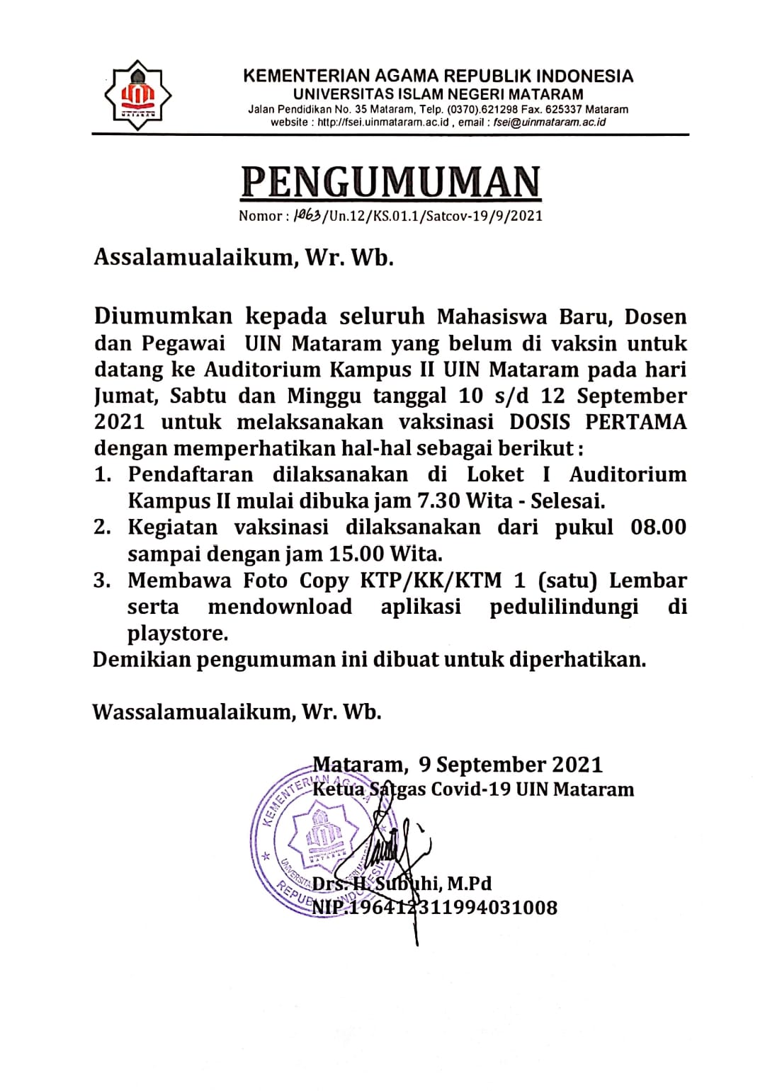 Vaksinasi UIN Mataram Tahap 1