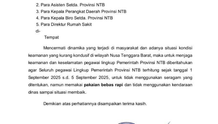 ASN Pemprov NTB Diimbau Gunakan Pakaian Bebas Rapi, Kendaraan Dinas Dilarang Sementara