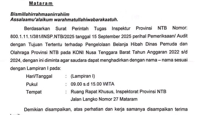 Inspektorat NTB panggil 96 Orang terkait Hibah KONI Termasuk Sekda NTB
